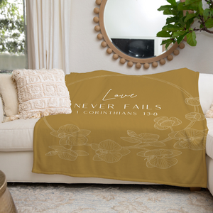 Love Never Fails Golden Brown Bible Verse Blanket